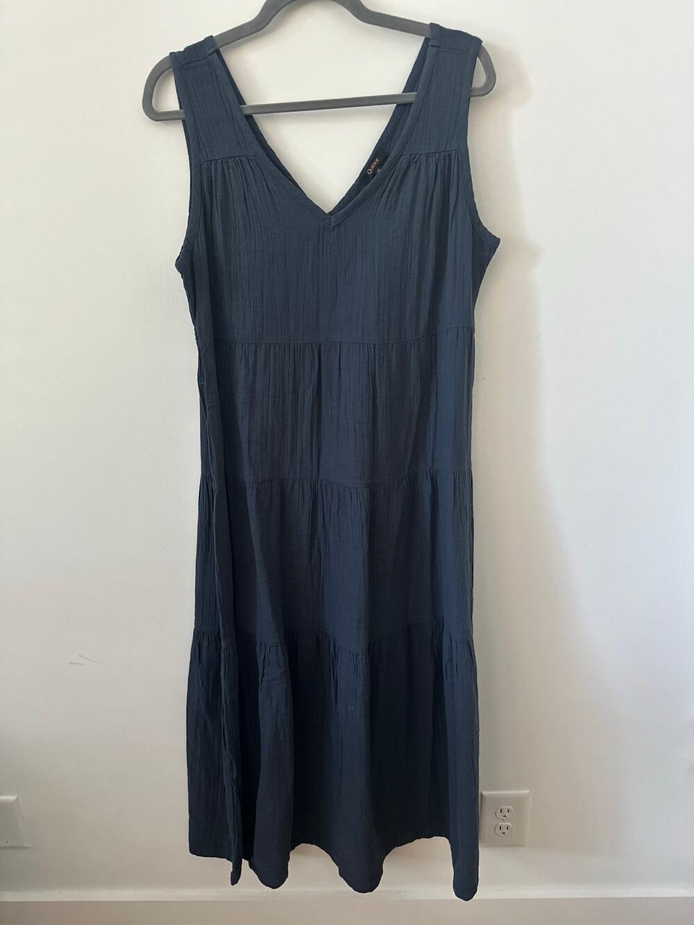 Quince Gauze Tiered Maxi Dress Women's Size Medium Indigo Blue Sleeveless V-Neck